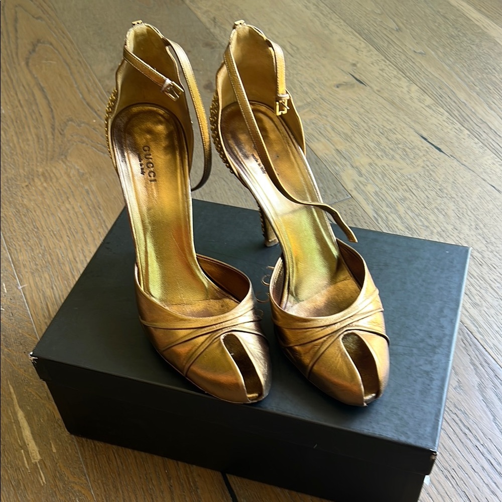 Gucci Gold Peep-Toe Heels with Ankle Straps